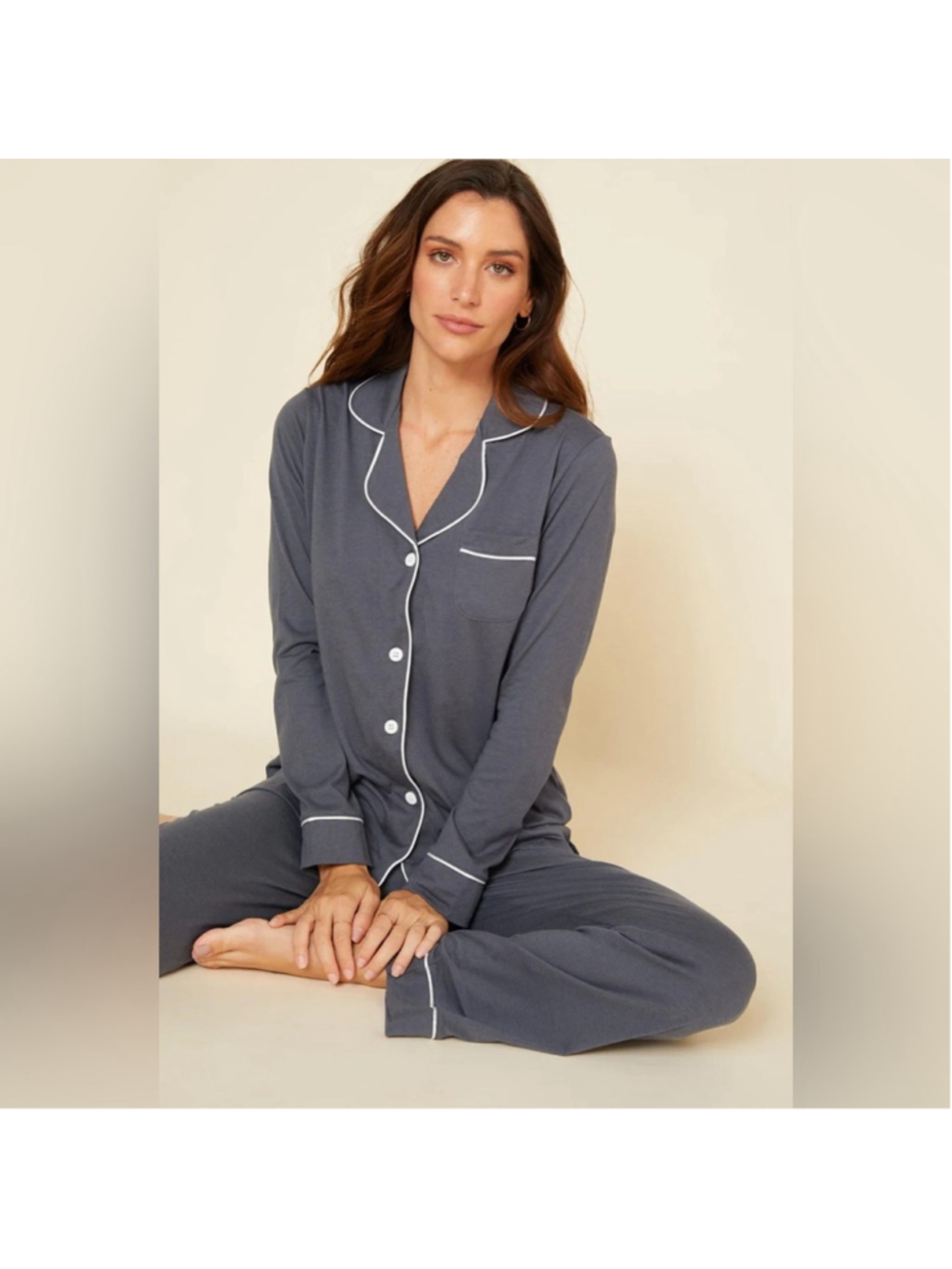 Cosabella Bella Relaxed Long Sleeve Top Pants Pajama Set Anthracite/Ivory large